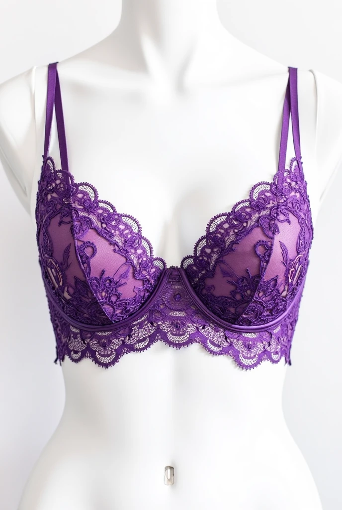 a stunning 20yo woman with piercing brown eyes and medium blonde hair, wearing purple lingerie, realistic, necklace, intricate details in the clothing, sexy pose, studio lighting to enhance the depth and realism of the image, big breast, white skin, full body 1:3 , 3/4 portrait from the thighs to the head