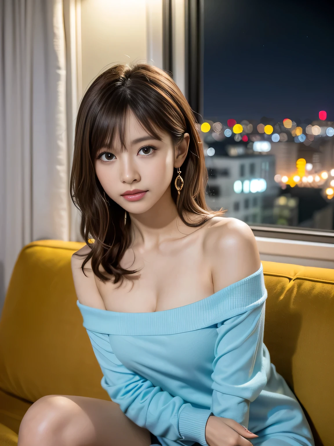 (8k, top quality, masterpiece: 1.2), (realistic, photorealistic: 1.37), super detailed, girl single, cute, solo, midnight, beautiful detailed sky, detailed café, sitting, date, (blush), (smile: 1.15), small breasts (mouth closed), beautiful fine eyes, floating hair NovaFrogStyle, back open dress
