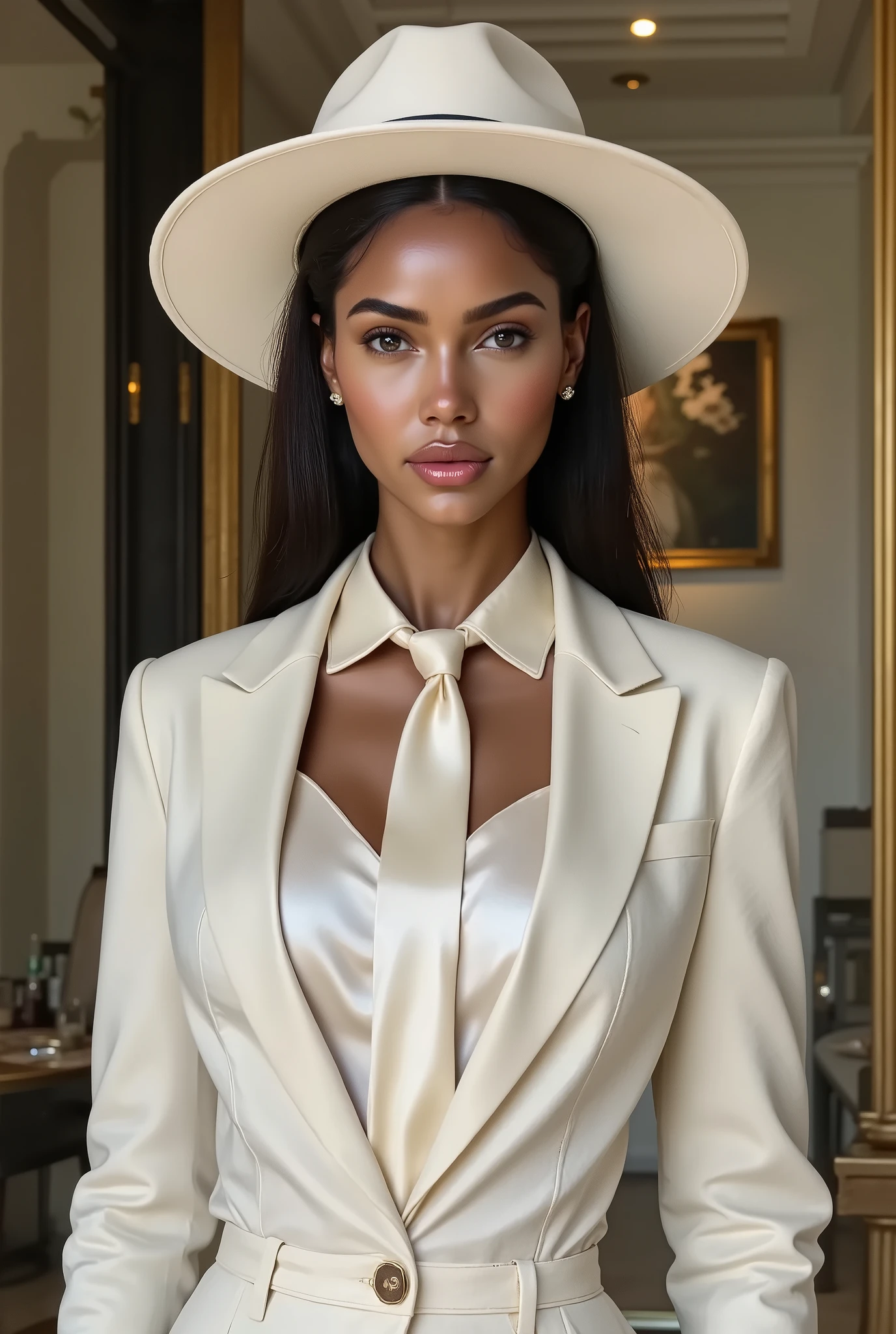 photorealistic, arafed woman with olive skin, 5'4"tall with long hair wearing a white satin blouse with a white neck tie, paired with a white vest and white blazer, white wide brim hat, white pantalon, female dandy