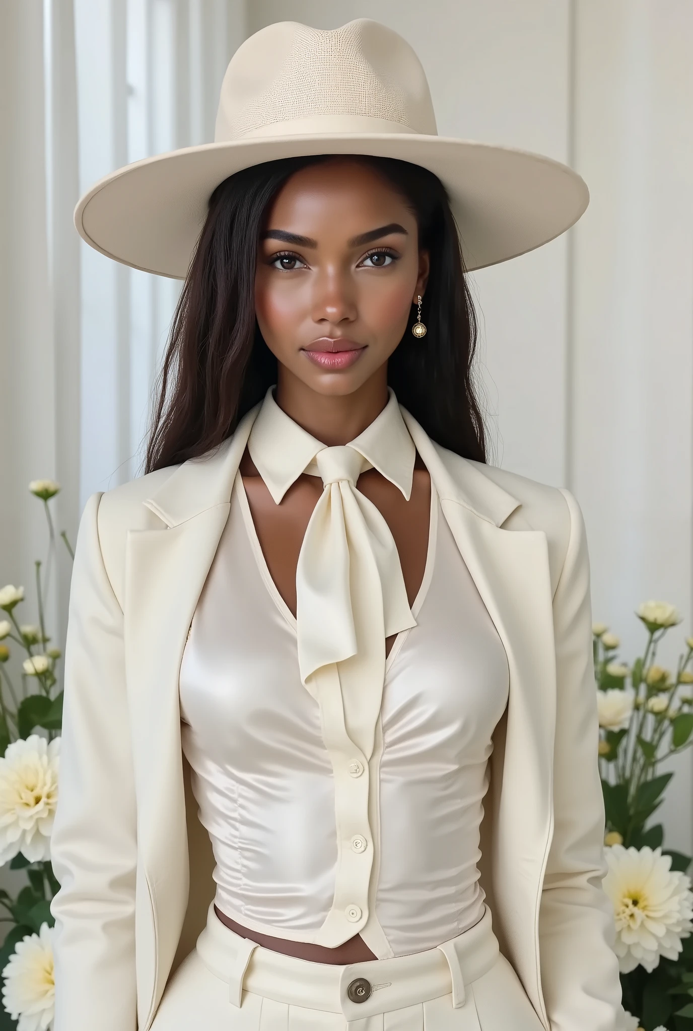 photorealistic, arafed woman with olive skin, 5'4"tall with long hair wearing a white satin blouse with a white neck tie, paired with a white vest and white blazer, white wide brim hat, white pantalon, female dandy