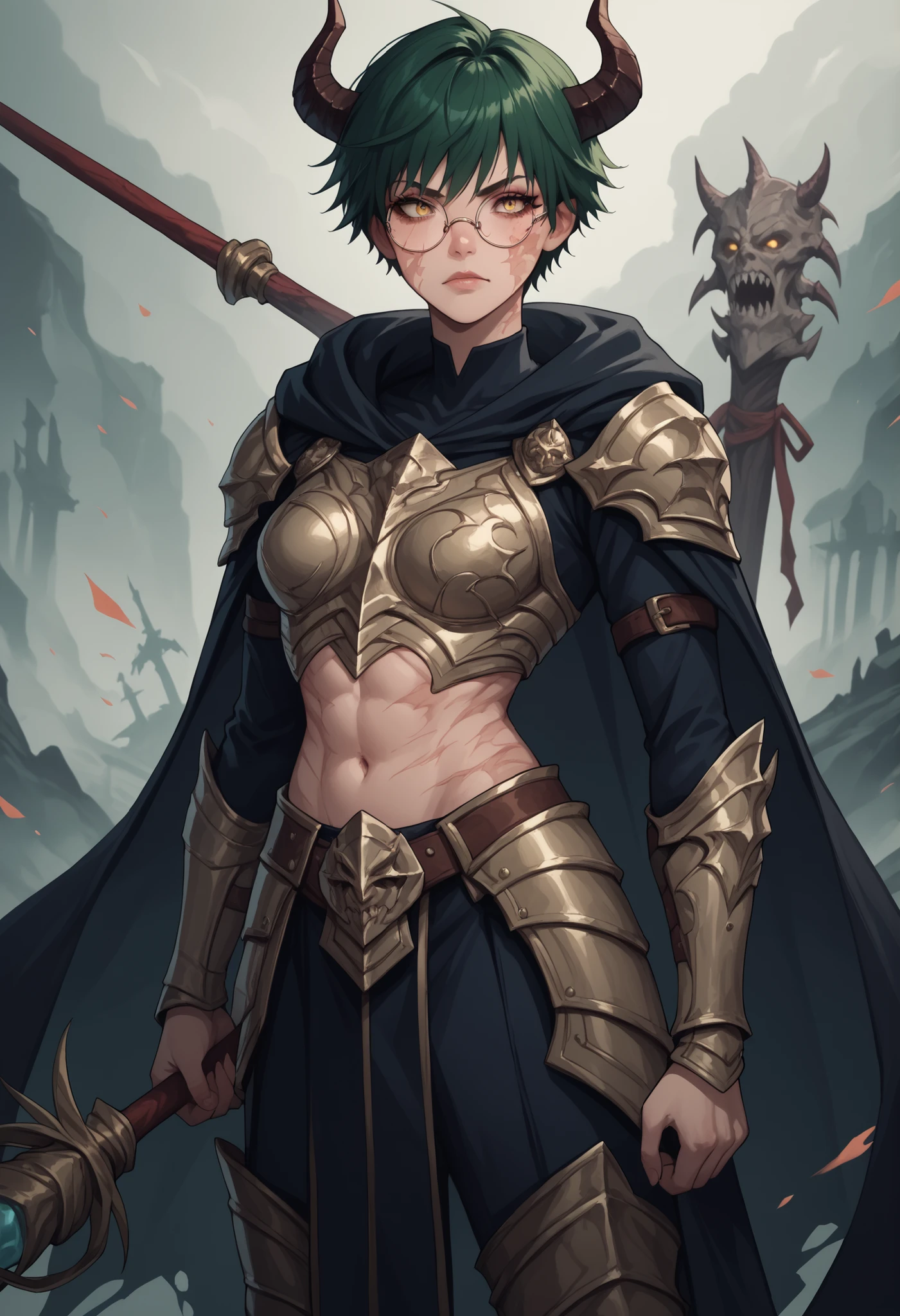 maki, green hair, yellow eyes, round glasses, scars on body, scar, burn scar, demon girl, horns, full necromancer armor, cape, light red skin, rpg character, necromancer, holding staff