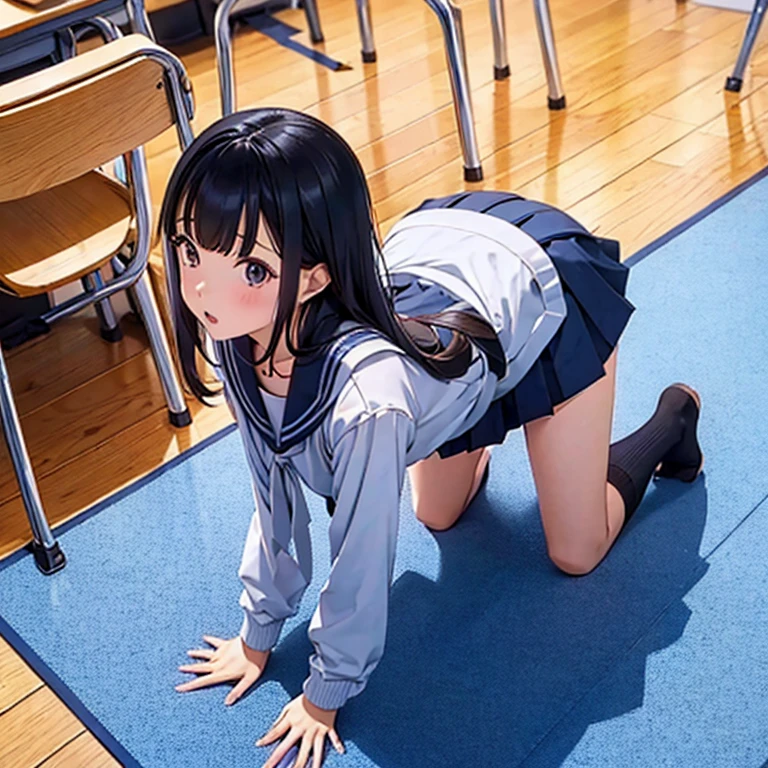 M-shaped legs、お漏らしをする、pee、Top quality wet, masterpiece, Girl crouching on beautiful face, (photographrealistic:1.3), Rim lighting, (High Detail Skins:1.2), 8K UHD, Digital SLR、bangss、 hightquality, hight resolution, 4K, 8K, bokeh dof, absurderes, best ratio four finger and one thumb, (realisitic:1.3), pretty 1girl, Panchira、white panties、Taken from the front、food、White mask、white shirt、Gray vest、Blue Ribbon、short skirt of dark blue color、Dark blue socks、lowfers、校服、School