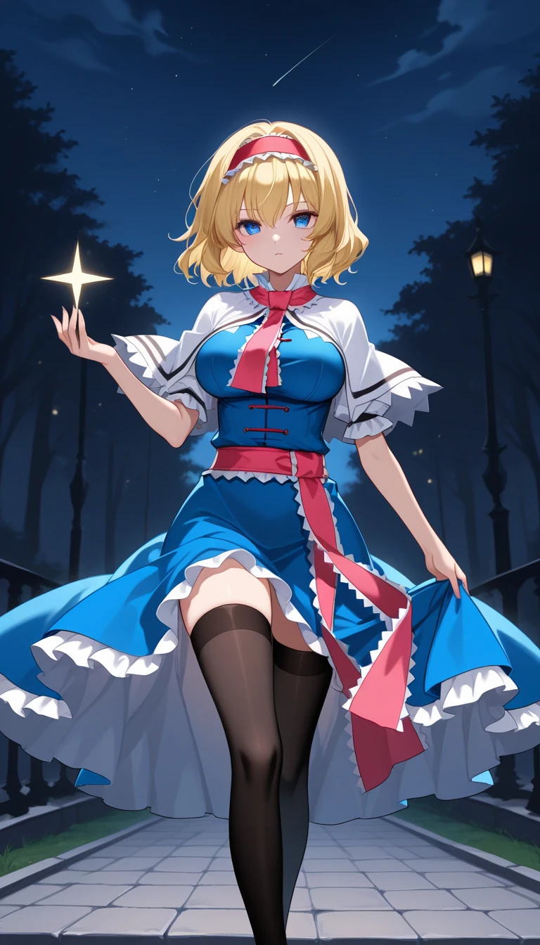 an anime illustration of the fantasy girl dressed in white and blue with the moon in the background, 1girl, arcueid brunestud, breasts, blonde hair, pantyhose, solo, dress, red eyes, gloves, short hair, detached sleeves, cleavage, open mouth, black gloves, bangs, black pantyhose, smile, arcueid