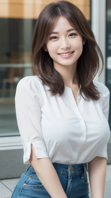Highest quality, Realistic, 8K, High resolution, girl, woman, (Skin dents), (Professional Lighting), (Office Shirt Closed: 1.6)), (Portraiture: 0.6), nice, (Medium Hair: 1.7), (1 girl's Camera Gaze): 1), ((1.6 Camera Gaze), Realistic, (Bokeh), (Portraiture: 0.6), Dynamic pose: 1.2), masterpiece, Complex, Realistic and sharp, Award-winning photography, (smile: 2), Teardrop-shaped moles, Lip gloss, 36 years old, cute, Cityscape, Professional Lighting, Photon Mapping, Radio City, Physically Based Rendering,