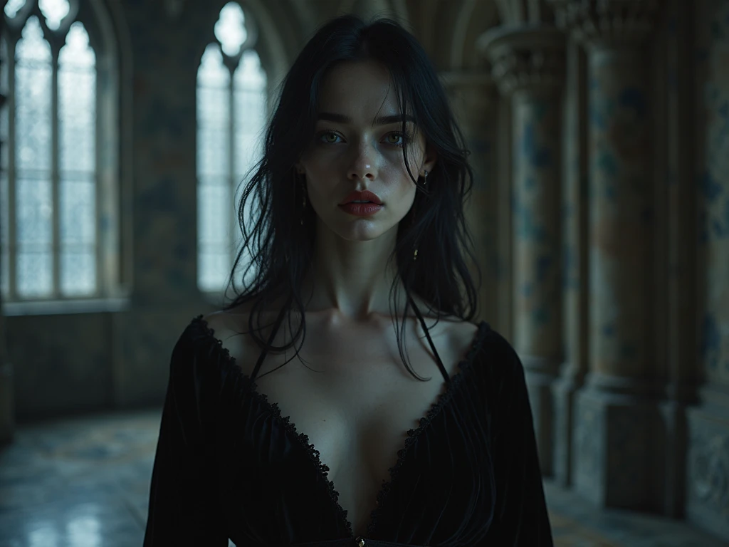 a beautiful gothic woman, detailed beautiful face, seductive look, long dark hair, pale skin, whole body, outdoors, dramatic dark makeup, black lace dress, dramatic lighting, cinematic composition, moody colors, intricate details,(lightning),(best quality,4k,8k,highres,masterpiece:1.2),ultra-detailed,(realistic,photorealistic,photo-realistic:1.37),dramatic lighting,chiaroscuro,dark fantasy,dark art,dark beauty,dramatic portrait