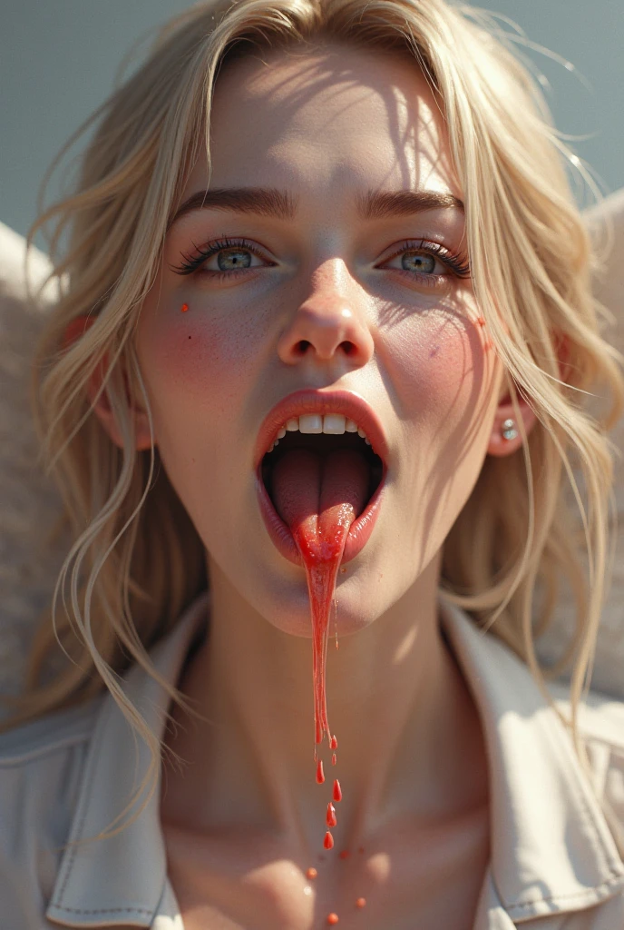 a close up of a drawing of a mouth with goteo de sangre down it, goteo de sangre from mouth, boca roja, sangre alrededor de los labios, Alex Pardee, goteo de saliva, sangre goteando, Michael Hussar, Dientes babeantes descubiertos, goteo de sangre, goteo de sangre down the head, cara ensangrentada, sonrisa de horror, a punto de consumirte, sonrisa malvada, colmillos y babas