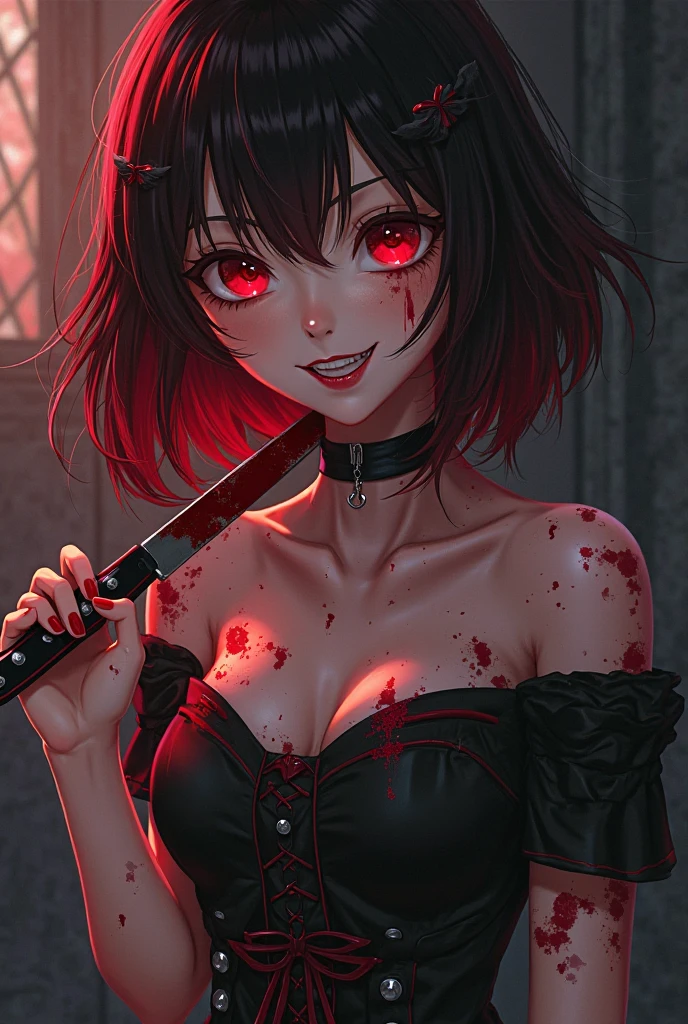 Adult girl, 21-year-old carrying a blood-stained scythe. Red eyes, short black hair, cat ears. Wearing a black jacket splattered with blood, big breasts anime style