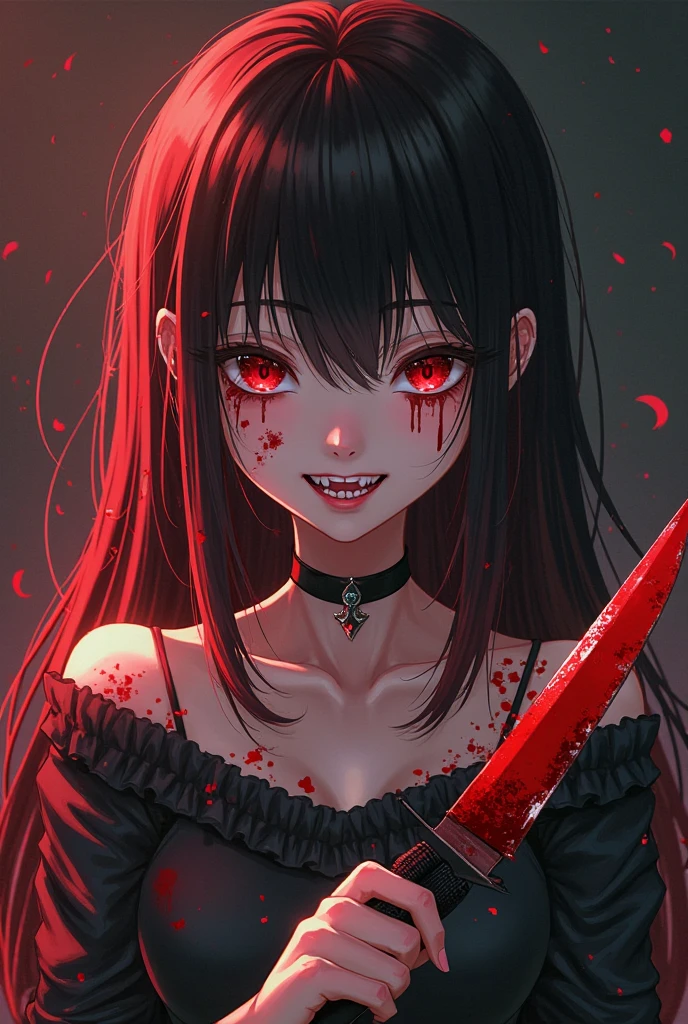 Bloody woman Bloody clothes Hollow Eyes bloody knife in hand ruins Detailed facial expression depiction Detailed depiction of clothing Detailed knife depiction