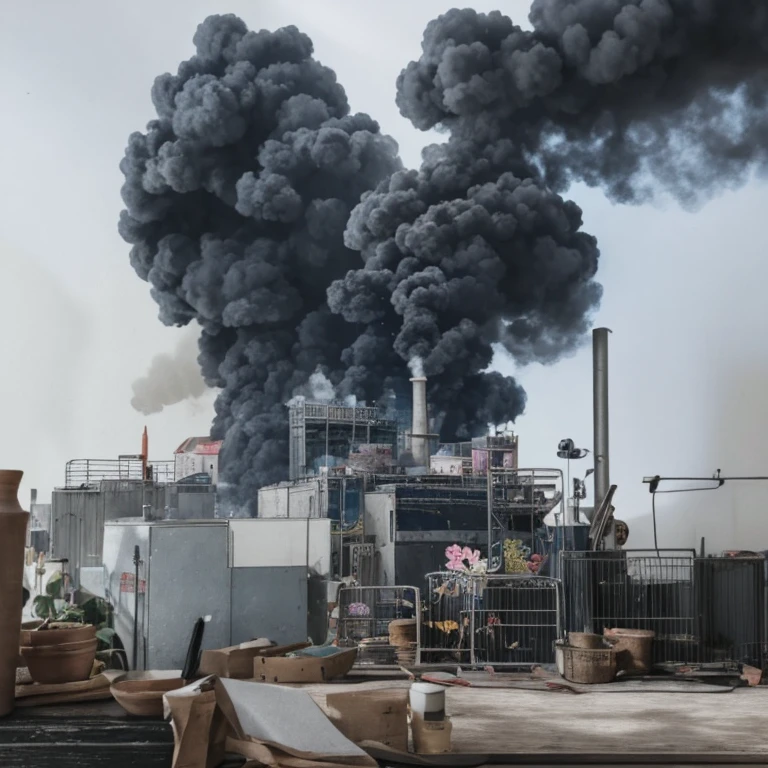 Explosive Background: An image of an oil field with a large explosion in the background, symbolizing the potential danger.