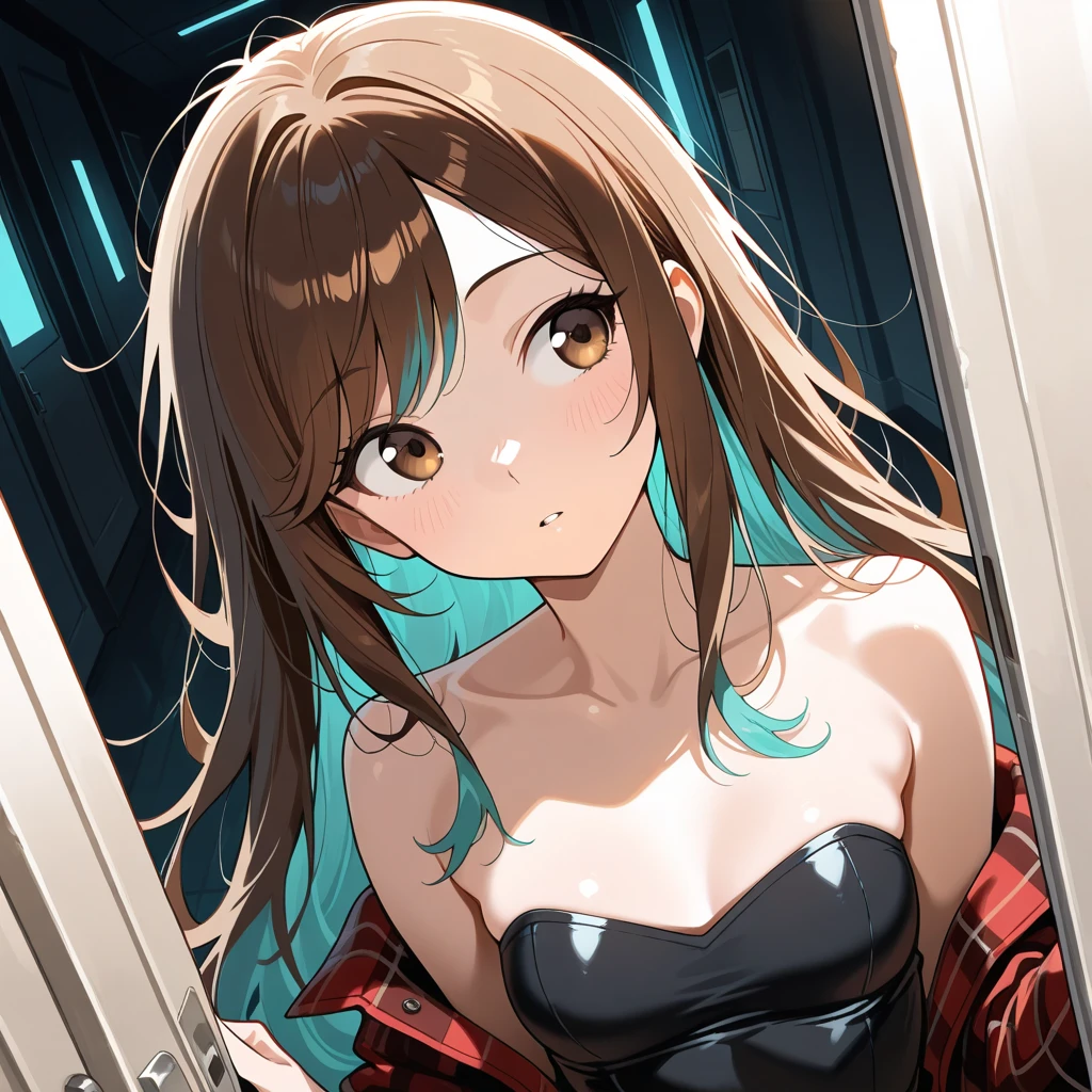 masterpiece, Highest quality, whole body, One girl, bangs,Brown Hair、From the waist up、Brown sleeveless sweater、Wearing a black jacket、20-year-old woman、Long Hair、bangsはなし、Chest cutout、Cleavage