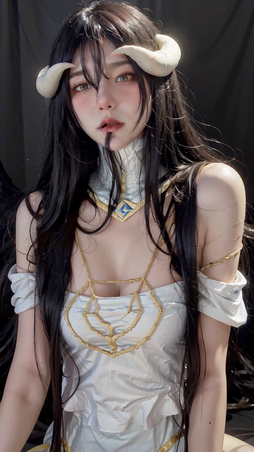 Albedo from overlord anime, perfect illustration, realistic, age 30, extreme detailed face, extreme pure white skin, yellow eyes, split pupils, dark black hair, perfect face, perfect shape body, above large breasts, white horns, black lower wings, white clothes covered upper body, 3d, detailed art, posing to viewer, medium far cowboy shot. decorated background, on a throne, In a room