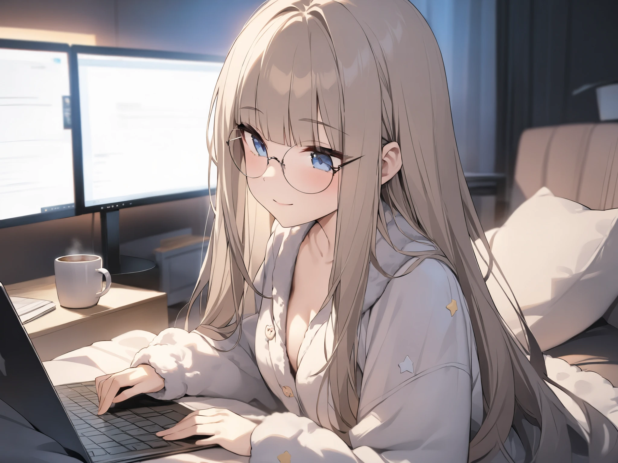 heavy blunt bangs 、chest length hair、loungewear、whitish ash brown colored hair、oval glasses、blue dark eyes 、princess cut、light smile、I'm looking at my computer while drinking a coffee cup、dark room、masterpiece、Highest Quality、uncensored