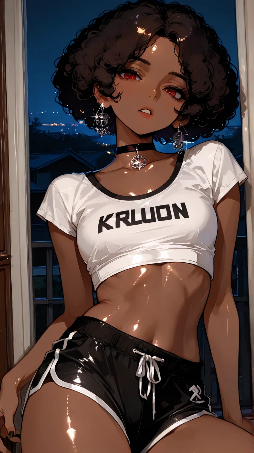 A cartoon of a woman with white hair, fair skin and large eyes with slightly shadowed dark circles, She is wearing a bikini top and a black miniskirt