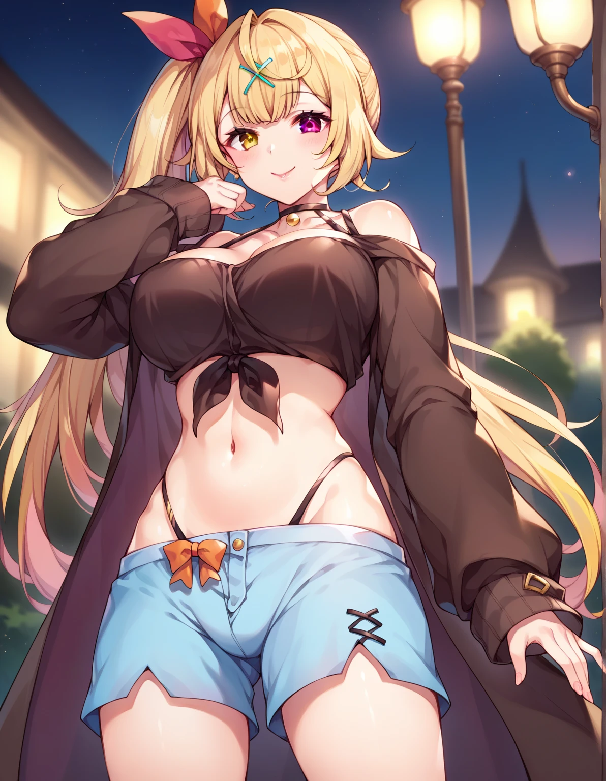 (masterpiece, best quality, highly detailed), 1girls, big belly, huge belly, art by kipteitei, round belly, chubby, curvy, belly grab, enormous belly, fat belly, thicc, bigger belly, really big belly, jiggly belly, glasses, unzipped jacket, (no shirt), bra, thight shorts, high heels, ((cum on belly)), smug face, sitting, ((full body)), long hair, ((dominant)), (giantess), Flandre scarlet