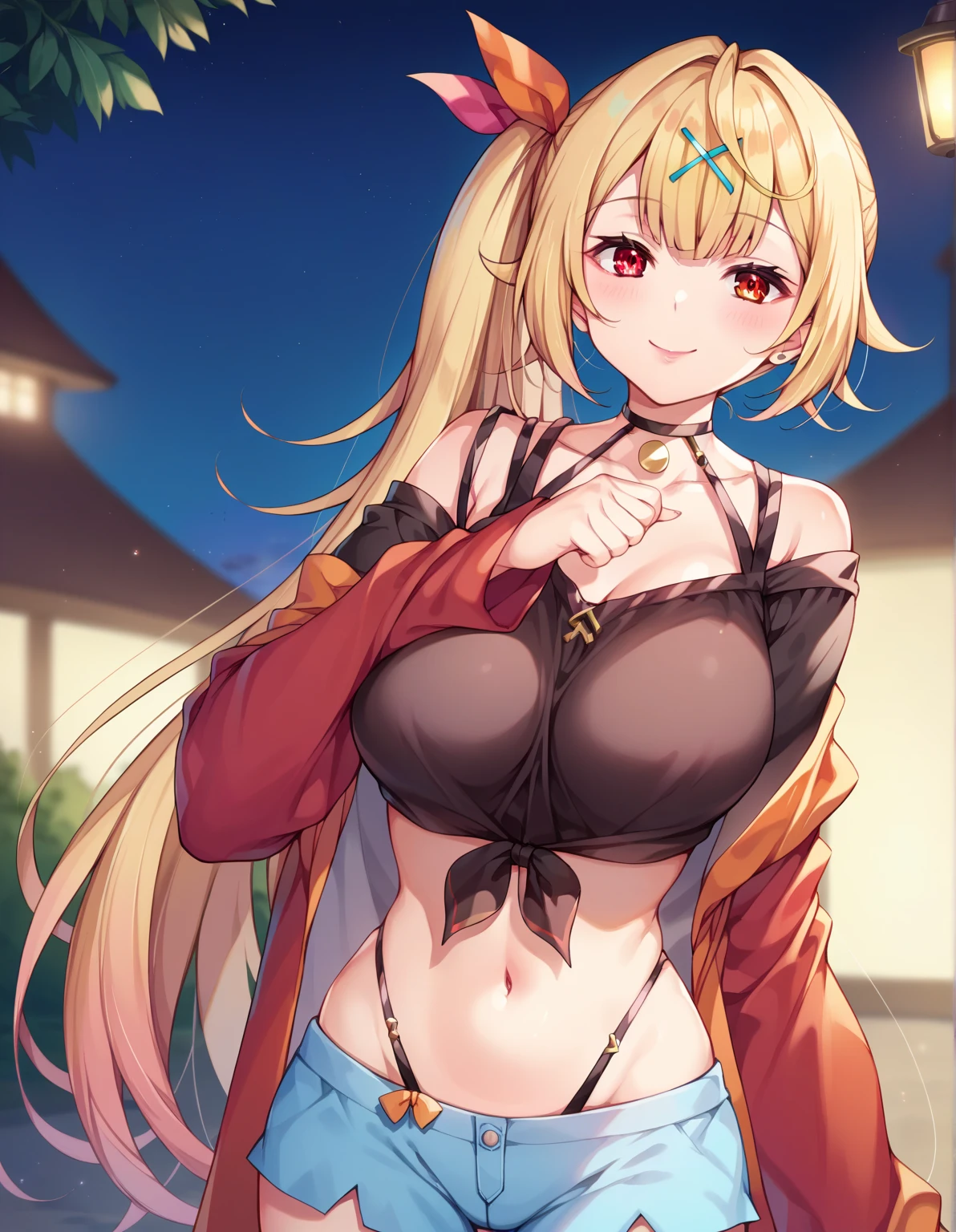 tmasterpiece, hoang lap , (Complicated details),camisole (rich colourful),Off-the-shoulder attire,Large breasts,Wearing Tank top, Navel, the Extremely Detailed CG Unity 8K Wallpapers , hyouka\(Boruto\), 1girll, 独奏,Be red in the face,looks into camera,ssmile
