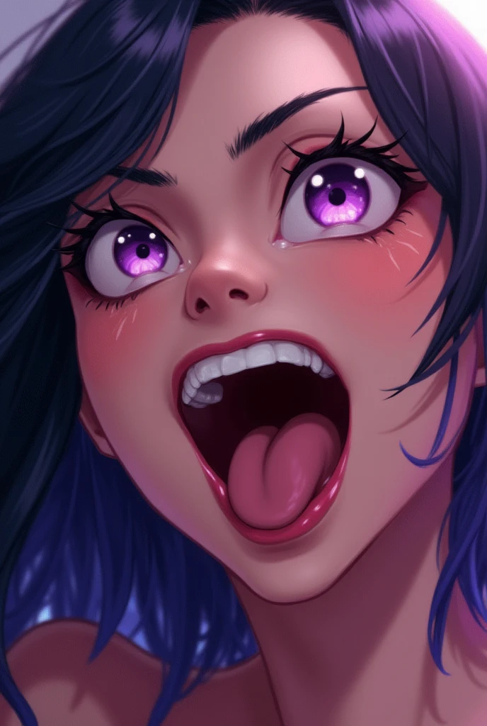 noche, cara, boca abierta, uvula, boca, lengua, lengua fuera, ojos azules, Ahri, Medianoche Ahri, cabello negro, orejas blancas, Ropa roja
