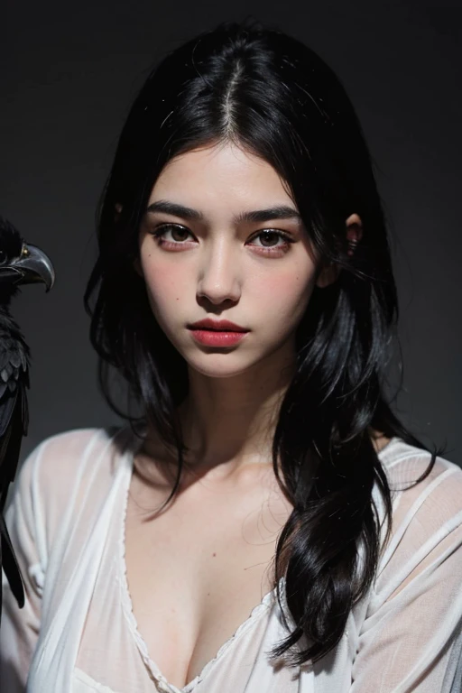 linda guerreira com grandes olhos azuis E longos cabelos pretos, Ela se parece com Yennefer de The Witcher, Ela usa uma jaqueta de couro , your face is stained with blood and freckles, His skin is white, and his expression is angry