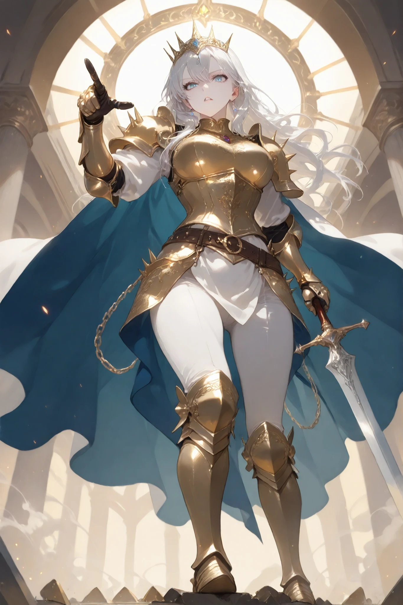 masterpiece, best quality, ultra high definition, high resolution, noise-free, (slender woman with firm medium-sized breasts:1.2), long flowing platinum silver hair with voluminous waves cascading down her back, delicate silver circlet crown with spiked high arch, piercing ice-blue eyes, confident determined expression with slightly parted lips, smooth pale skin, ornate white and gold plate armor with embossed floral motifs and filigree, layered spiked pauldrons, intricately engraved gauntlets, fitted corset breastplate accentuating figure, flowing crimson and ivory cape fluttering behind, leather belt with hanging chain tassels and small pouches, thigh-high armored greaves with golden knee guards, dagger strapped to thigh, (dynamic heroic stance:1.1), low-angle frontal view, feet planted shoulder-width apart with right foot forward, hips slightly tilted, torso slightly twisted to the left, right arm extended downward holding a broad sword with engraved blade pointing diagonally toward the ground, left hand resting lightly on hip, head tilted slightly upward, hair and cape billowing to the right as if caught by strong breeze, precise recreation of armor pose and fabric movement, dramatic sunset battlefield environment with warm golden light, distant ruins and smoke plumes, swirling embers and dust in the air, shattered stone pillars and scorched earth underfoot, cinematic lighting with strong rim light and warm backlight, high contrast chiaroscuro, painterly anime style, sharp detailed line art, smooth gradient shading, specular highlights on metal surfaces, volumetric light rays piercing smoke, high dynamic range, vibrant yet moody color palette, cinematic depth of field with slight background blur, ultra detailed textures, 8k resolution, anti-aliasing

