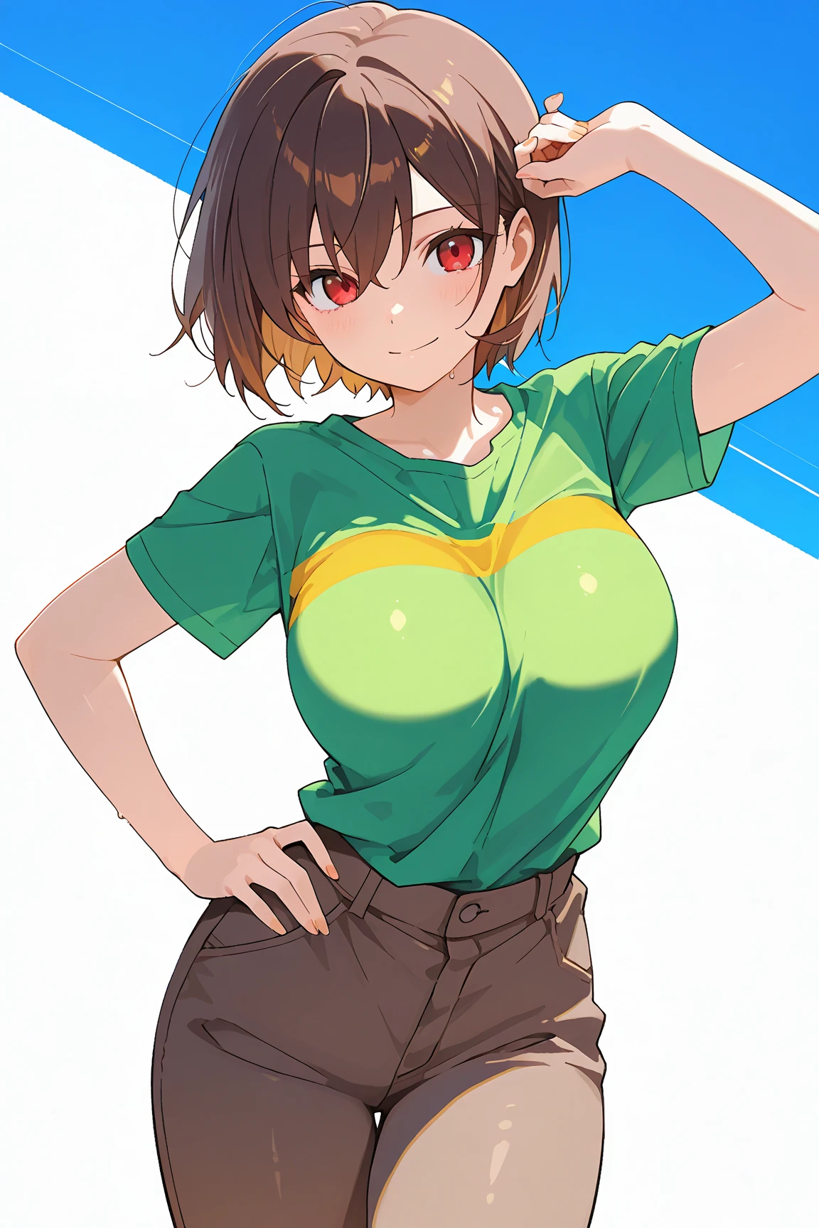highest quality, High resolution,Anime Screen Capture, SF、3人のwoman、realistic, masterpiece, highest quality, perfect anatomy, (fine eyes), (woman, huge breasts、low length), Sweat, , ((NSFW、swollen nipples、shirt lift、black tank top、green cargo pants)),hands on hips、Reddish brownの髪、yellow eyes、(((short bangs、blunt bangs、long ponytail))), ((blush))、(wide hips)、:d、((((embarrassing))))、((Dark concrete hangar))