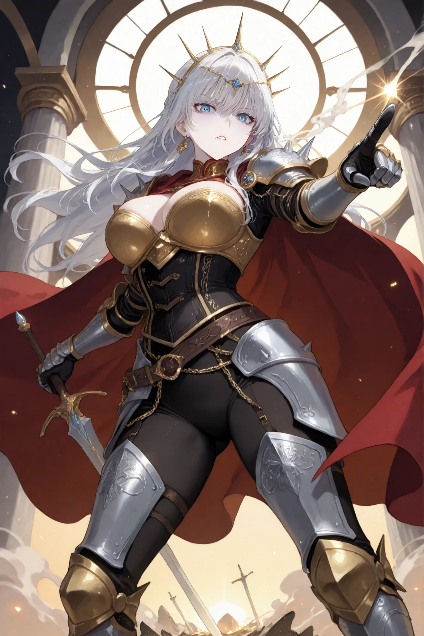 masterpiece, best quality, ultra high definition, high resolution, noise-free, (slender woman with firm medium-sized breasts:1.2), long flowing platinum silver hair with voluminous waves cascading down her back, delicate silver circlet crown with spiked high arch, piercing ice-blue eyes, confident determined expression with slightly parted lips, smooth pale skin, ornate white and gold plate armor with embossed floral motifs and filigree, layered spiked pauldrons, intricately engraved gauntlets, fitted corset breastplate accentuating figure, flowing crimson and ivory cape fluttering behind, leather belt with hanging chain tassels and small pouches, thigh-high armored greaves with golden knee guards, dagger strapped to thigh, (dynamic heroic stance:1.1), low-angle frontal view, feet planted shoulder-width apart with right foot forward, hips slightly tilted, torso slightly twisted to the left, right arm extended downward holding a broad sword with engraved blade pointing diagonally toward the ground, left hand resting lightly on hip, head tilted slightly upward, hair and cape billowing to the right as if caught by strong breeze, precise recreation of armor pose and fabric movement, dramatic sunset battlefield environment with warm golden light, distant ruins and smoke plumes, swirling embers and dust in the air, shattered stone pillars and scorched earth underfoot, cinematic lighting with strong rim light and warm backlight, high contrast chiaroscuro, painterly anime style, sharp detailed line art, smooth gradient shading, specular highlights on metal surfaces, volumetric light rays piercing smoke, high dynamic range, vibrant yet moody color palette, cinematic depth of field with slight background blur, ultra detailed textures, 8k resolution, anti-aliasing
