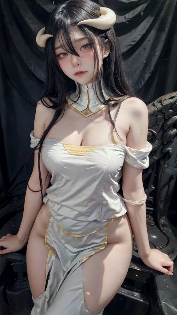 (Nude),albedow, albedowings, medium breasts, long black hair, yellow eyes, white dress, white elbow gloves, looking at viewer, evil smile, parted lips, cowbot shot, indoors, marble floor,((nude)