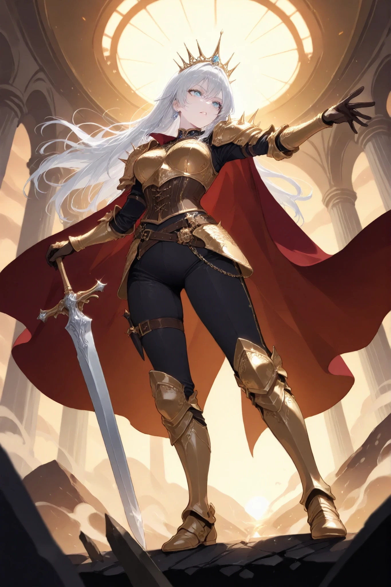 masterpiece, best quality, ultra high definition, high resolution, noise-free, (slender woman with firm medium-sized breasts:1.2), long flowing platinum silver hair with voluminous waves cascading down her back, delicate silver circlet crown with spiked high arch, piercing ice-blue eyes, confident determined expression with slightly parted lips, smooth pale skin, ornate white and gold plate armor with embossed floral motifs and filigree, layered spiked pauldrons, intricately engraved gauntlets, fitted corset breastplate accentuating figure, flowing crimson and ivory cape fluttering behind, leather belt with hanging chain tassels and small pouches, thigh-high armored greaves with golden knee guards, dagger strapped to thigh, (dynamic heroic stance:1.1), low-angle frontal view, feet planted shoulder-width apart with right foot forward, hips slightly tilted, torso slightly twisted to the left, right arm extended downward holding a broad sword with engraved blade pointing diagonally toward the ground, left hand resting lightly on hip, head tilted slightly upward, hair and cape billowing to the right as if caught by strong breeze, precise recreation of armor pose and fabric movement, dramatic sunset battlefield environment with warm golden light, distant ruins and smoke plumes, swirling embers and dust in the air, shattered stone pillars and scorched earth underfoot, cinematic lighting with strong rim light and warm backlight, high contrast chiaroscuro, painterly anime style, sharp detailed line art, smooth gradient shading, specular highlights on metal surfaces, volumetric light rays piercing smoke, high dynamic range, vibrant yet moody color palette, cinematic depth of field with slight background blur, ultra detailed textures, 8k resolution, anti-aliasing