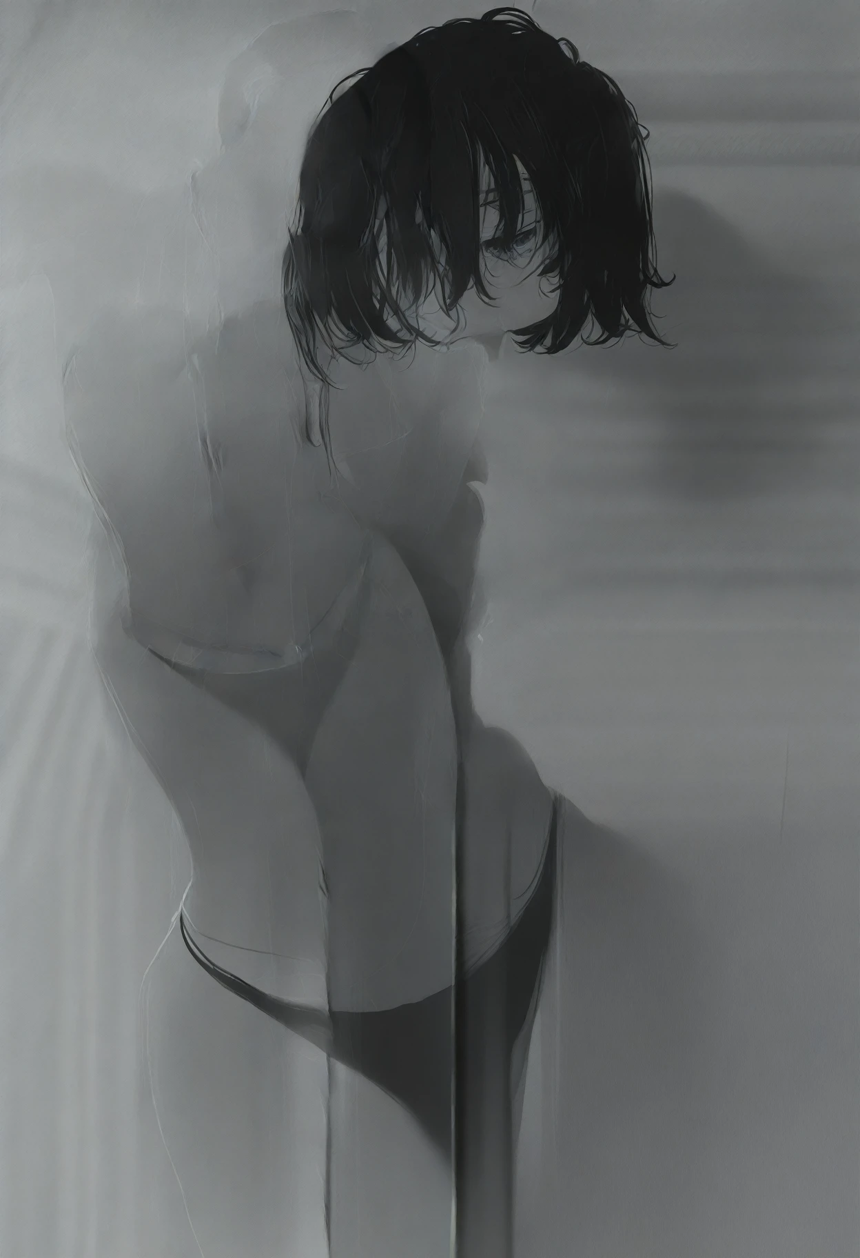 { 4k wallpaper : illustration : beautiful detailed eyes : extremely detailed face : perfect lighting : extremely detailed CG } { nsfw : hentai } {half-monochrome} { dark horror theme } { in a dark dirty nerd room } { possessed Tae Takemi : short dark blue hair : adult  : cute face : Glowing  eyes : perfectly small shape breast : perfectly smooth fit body : naked : nude : perverted grin : looking at viewer : sweating : horny } {showing armpit with to viewers : sexy pose: standing }