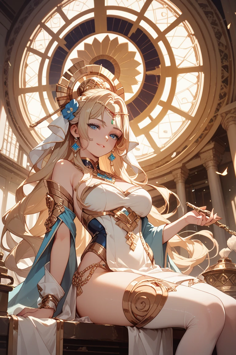 girl with blond hair, long eyelashes, slight smile, (goddess of beauty), masterpiece, high quality, Alphonse Mucha's style, art deco, very detailed, divine rays, vignetting, blue-lilac-yellow tones