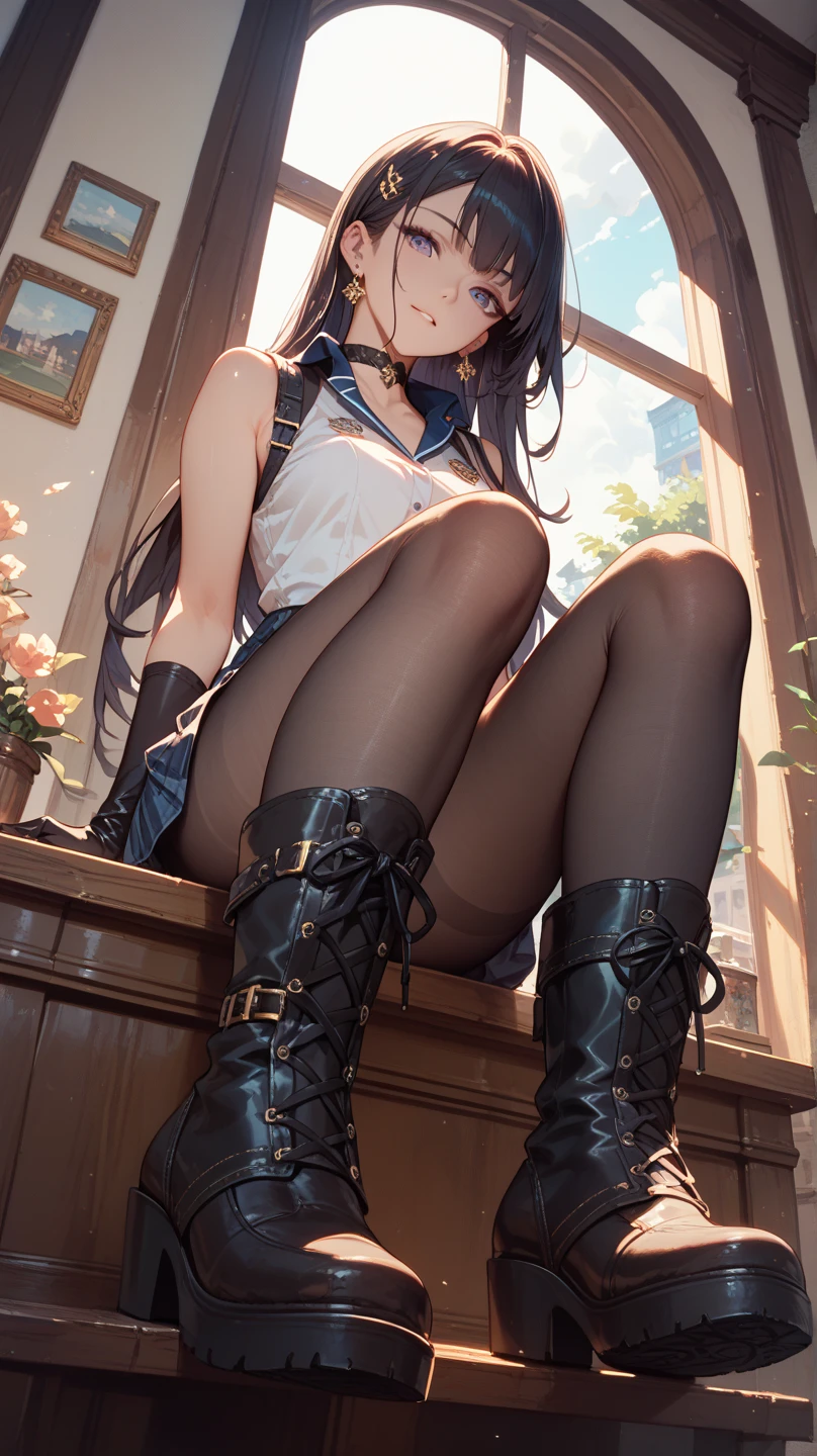(high-definition images, 8k, super detail, accurate, best quality), angle from below, a woman, (shy), looking away, (drooping eyes, realistic skin, round face, sleepy), blush, light-makeup, earrings, crouching and spread legs slightly, detailed drawing luxury designed panties, ((showing off her crotch-area of pantyhose)), she has pubic hair, (dark hour of down), boots, downtown area, (((long-skirt-lining between her legs))), masturbation with her hand, orgasm,