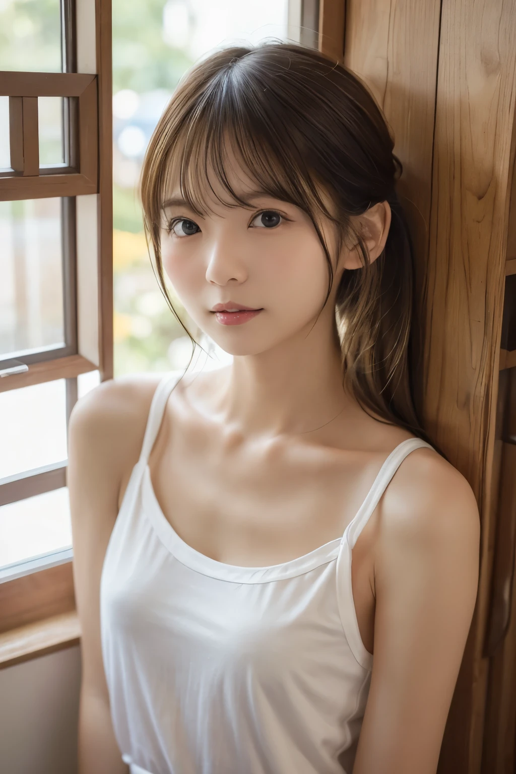 (A photo of your face:1.25), 6 years old, (Baby Face:1.4), (Round face:1.4), One Japanese woman, beautiful girl, Pretty face, (View your audience), (Standing facing the camera), (smile), (Beige tank top)、(Pure white background:1.2)、Mouth closed