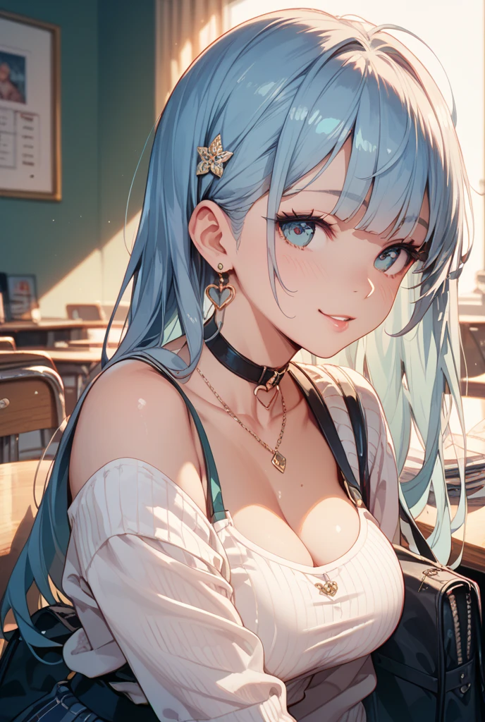 (​masterpiece、top-quality、hight resolution、Unity 8k、extremely details CG:1,Best Picture), With a sly smile and sharp eyes, ‘You're really a virgin, aren't you?’ says the woman confidently. Her expression is a mixture of teasing and conviction, clearly seeing through the lie. Her body movements are relaxed, as if she is enjoying herself, leaning back a little, savouring the moment to uncover the truth. ggdizzy, hair ribbon