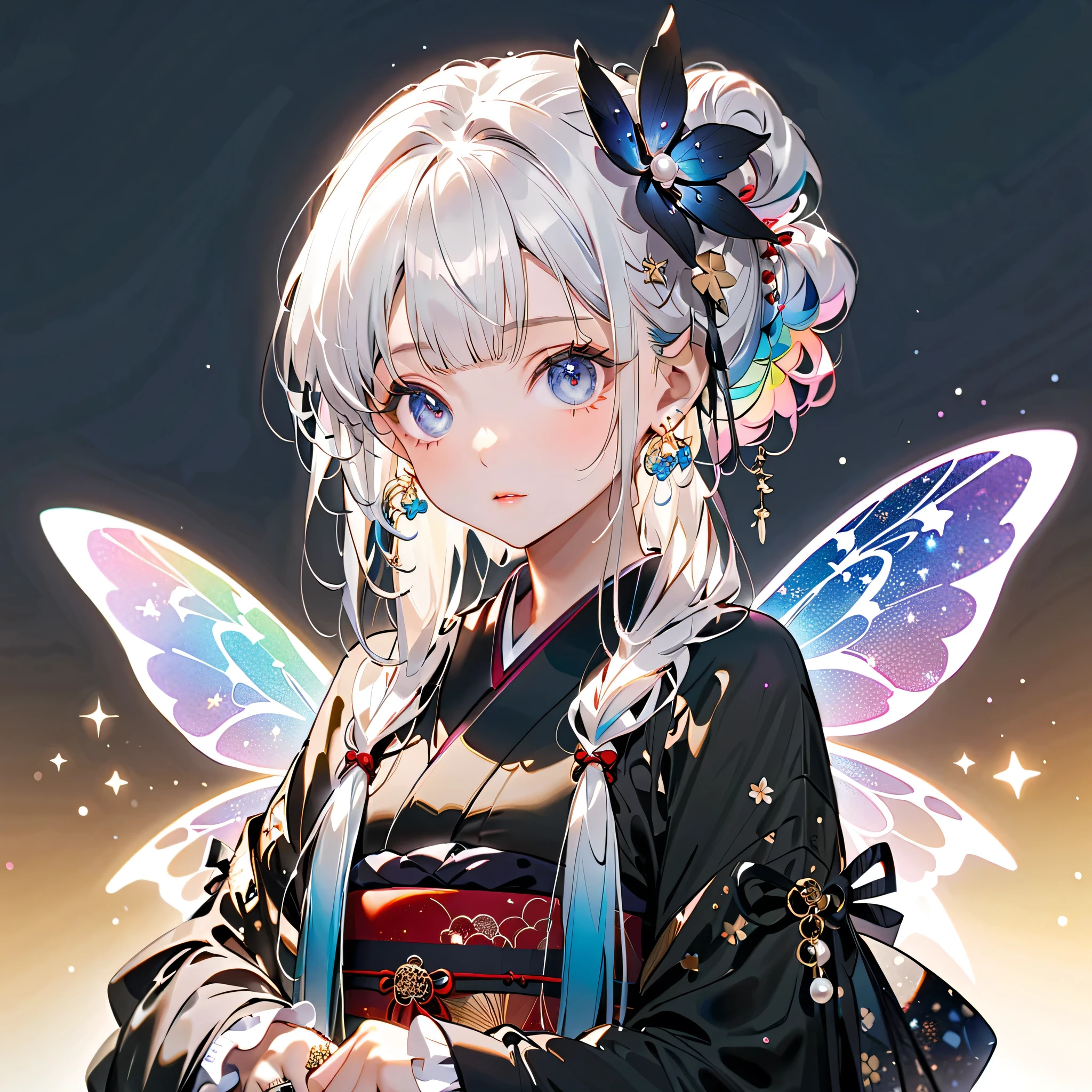 1girl,pretty face、Baby Face、(((Best Composition、Highest Quality、masterpiece、Super Detail、after being played in high definition、CG、16k、HHD)))、 Clear Outline 、Character Design、starの妖精、(((hair color/Milk white and blue gradient hair color)))、(((Hairstyles/Long front and short back、個性的でかわいいHairstyles)))、(((hair ornament/頭のてっぺんにuniverse柄の大きなリボン)))、(((accessory/starの形をしたチャーム)))、(((fashion/Gothic ta kimono, a remake of Japanese clothing and Gothic ta、Short length with frills、Frills around the neck、Putting out your shoulders 、濃紺とオレンジ色のuniverse柄、Long sleeves、The cuffs are widened)))、Small, semi-transparent fairy wings in seven colors growing from the waist、、 VTuberCharacter Design 、 glitter、 detailed eyes 、Delicate lines of hair,starのモチーフ、Mevius ring earrings、diamond、Pearl、Starry Hair ,universe、Milky Way、star、流star群、Mevius ring earrings、diamond、Pearl、Starry Hair ,Front face facing the viewer、Baby Face、 staring at the viewer 、ソウタシエのstarのaccessory、((( Best Details、 Highest Quality、masterpiece、Super Detail、after being played in high definition)))、1 girl on break day,,Blink, ((( milky white hair color ,Starry Hair)))、個性的なかわいいHairstyles (頭の上に大きなuniverse柄のリボン)、 the cutest girl in the world on the background of a lily field ,Please wear a colorful and cute gothic kimono costume ,small, rainbow-colored, translucent fairy wings grow from the waist、 Star Fairy ,Please wear a colorful and cute gothic kimono costume 、 simple background、 Best Details 、 Long and wide cuffs 、star々のhair ornament、 VTuberCharacter Design 、 glitter、 detailed eyes 、Delicate lines of hair,starのモチーフ、Mevius ring earrings、diamond、Pearl、Starry Hair ,((( Best Details、 Highest Quality、masterpiece、Super Detail、after being played in high definition)))、1 girl on break day,,Blink, ( hair colorは乳白色で毛先は青 ,Starry Hair)、Best Details、1