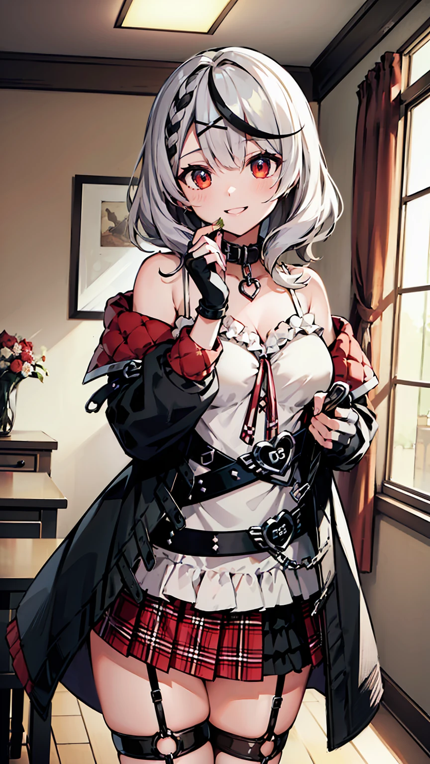 ((masterpiece, best quality, highres)), depth of field, 
BREAK, 1girl, playing tv games, sitting in a gaming chair, ((holding game controller)), smile,
BREAK, (indoors), gaming chair, pc display,   
BREAK, (sakamata chloe, garter straps, fingerless gloves, torn thighhighs, grey hair, multicolored hair, plaid skirt, cleavage, x hair ornament, red skirt, black collar, white camisole, breasts, braid, black belt, medium hair, black jacket), ((red eyes)), ((Beautiful detailed eyes))