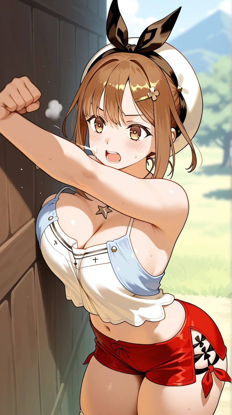 (kinako_(shiratama mochi) style), grass_wonder_\umamusume\), nsfw, masterpiece, topless, denim shorts, belt, carrying notebook and pen, solo, 1 girl, horse ears, horse tail, bare stomach, sweaty, cowboy shot, nipples, large nipples, erect nipples, navel, puffy nipples, cowboy hat, outdoors, grain silo, farm, tractor, fence, slim waist, brown hair, long hair, detailed eyes, beautiful eyes, wet, aqua eyes, necklace, gold bracelet, gold cutouts, jewelries, smiling, small breasts