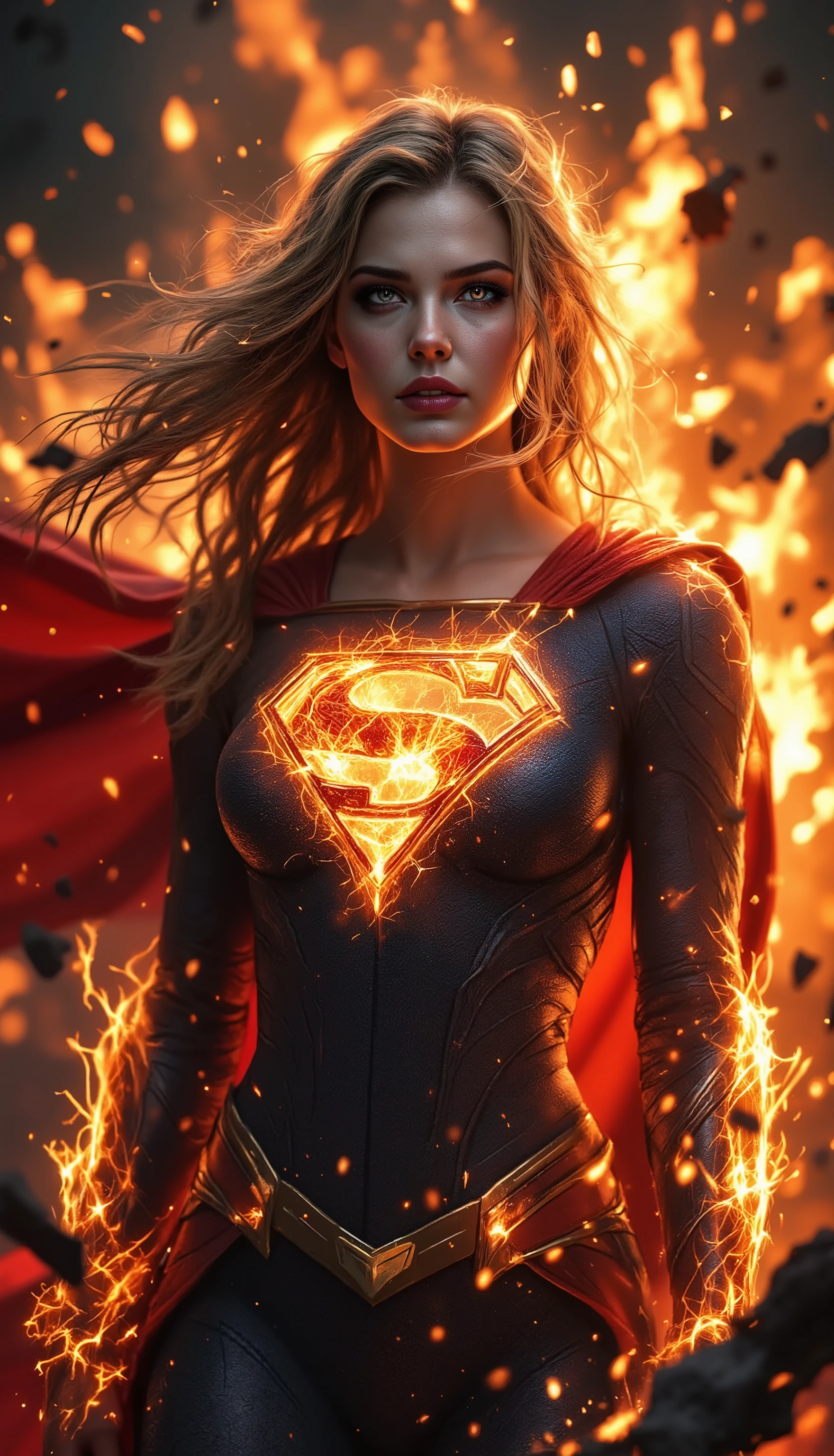 Envision a fully body portrait of a supergirl rising from the ashes, villain, burning, sharp focus, intricate details, muted colors, looking at viewer, photography, realistic, emotionally profound, highly detailed, soft lighting, 8k, extreme detail, digital painting, beautiful detailed, high resolution, 32K, realistic rendering, (Masterpiece, Hi-res: 1. 2), ultra-realistic details, depth of fields, High Definition, Accurate, top quality, High Definition model, high detail, (detailed face : 2.0), (dynamic : 2.0), (intricate details : 1.1)