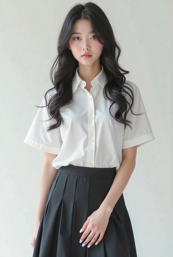 (8K, Raw photography, top-quality, ​masterpiece:1.2),  One Woman、Japan at the age of 18,fullllbody.{scinematic angle、Wide Angle}（Realistic Skins 1.4）、（（（female high-school student、School Uniforms、）））、{{{is standing}}（（School Uniforms、Cutter shirt、pleatedskirt、pumps、））、50mm Lens、30mm film、wide angles、（long、straight haired、）、（A dark-haired、The forehead is hidden by bangs、）、Black eyes、shinny skin.Beautiful delicate face、Beautiful delicate eyes、｛tiny chest、Voluptuous body shape、Thicker thighs｝、One piercing in each ear、simple background、Gray background、
