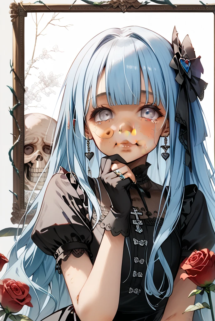 masterpiece, best quality, extremely detailed, (illustration, official art:1.1), 1 girl ,(((( light blue long hair)))), ,(((( light blue long hair)))),light blue hair, , long hair ((blush)) , cute face, big eyes, masterpiece, best quality,(((((a very delicate and beautiful girl))))),Amazing,beautiful detailed eyes,blunt bangs((((little delicate girl)))),tareme(true beautiful:1.2), sense of depth,dynamic angle,,,, affectionate smile, (true beautiful:1.2),,(tiny 1girl model:1.2),)(flat chest) ,The beautiful girl in lace top and leggings is sitting astride a pile of skeletons in the center of the picture. . There are multiple comic storyboards in the background，cbt,(masterpiece, best quality:1.2)，1 beautiful girl,sexy，comic storyboard:2, leggings, sit astride, axially symmetrical:2, ，sounding，cbt，hold，，colorful，trembling，juice，spray， Long hair,Lace top,torogao
