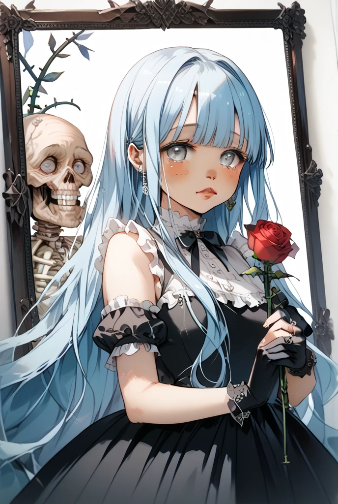 masterpiece, best quality, extremely detailed, (illustration, official art:1.1), 1 girl ,(((( light blue long hair)))), ,(((( light blue long hair)))),light blue hair, , long hair ((blush)) , cute face, big eyes, masterpiece, best quality,(((((a very delicate and beautiful girl))))),Amazing,beautiful detailed eyes,blunt bangs((((little delicate girl)))),tareme(true beautiful:1.2), sense of depth,dynamic angle,,,, affectionate smile, (true beautiful:1.2),,(tiny 1girl model:1.2),)(flat chest) ,The beautiful girl in onepiece is sitting astride a pile of skeletons in the center of the picture. . There are multiple comic storyboards in the background,cbt,(masterpiece, best quality:1.2),1 beautiful girl,sexy,comic storyboard:2, leggings, sit astride, axially symmetrical:2, ,sounding,cbt,hold,,colorful,trembling,juice,spray, Long hair,Lace top,torogao