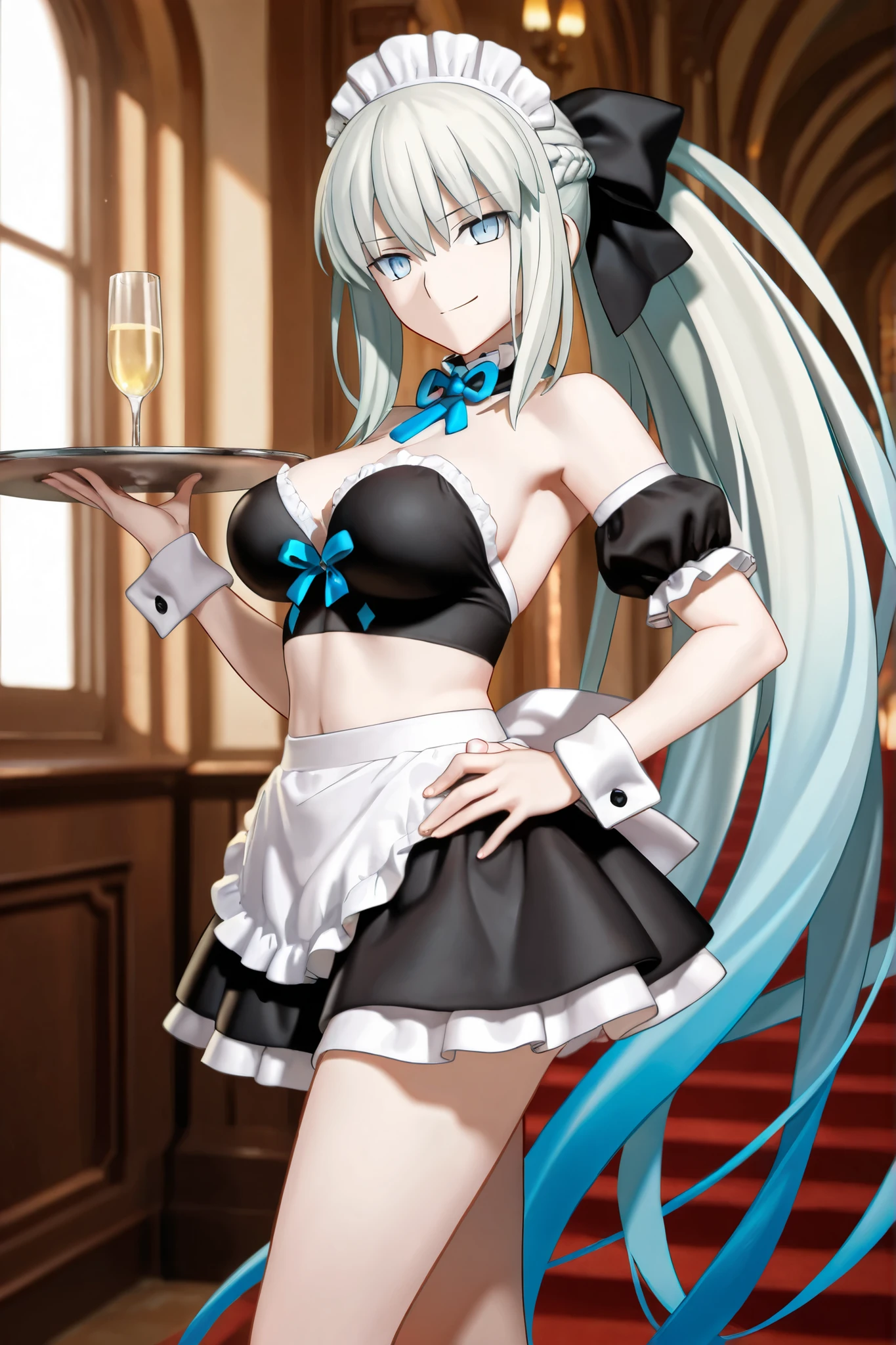 masterpiece,best quality,highres,ultra-detailed,aakobo,two-tone hair,liquid hair,long hair,bangs,earrings,piercing,<lora:kobo_kanaeru:0.9>,(rabbit ears:1.2),(playboy bunny:1.2),casino,holding tray,embarrassed,blush,standing,