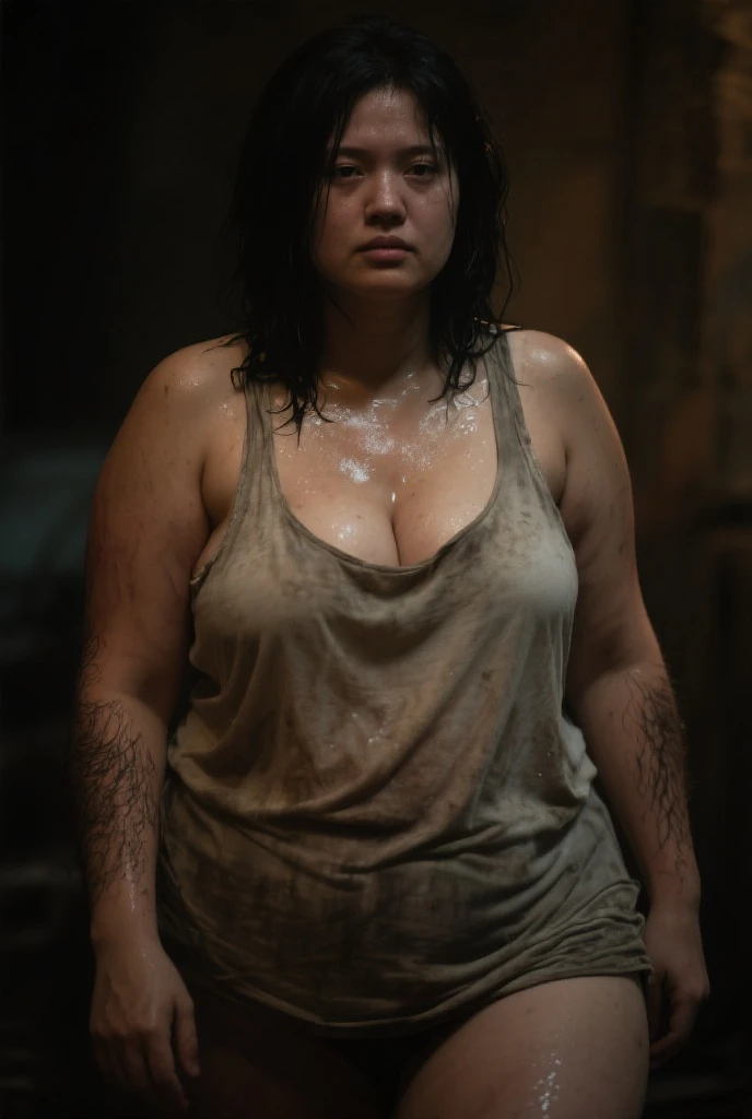 ((Overweight)) ((chubby)), Kelly Clarkson, small breasts, long brown hair, wearing dark jeans, t-shirt, runners, subject kneeling in sewerage water ((messy clothes:1.1)) (((full body shot))) (((full length))) (((view side on))) (masterpiece) ((cinematic look))