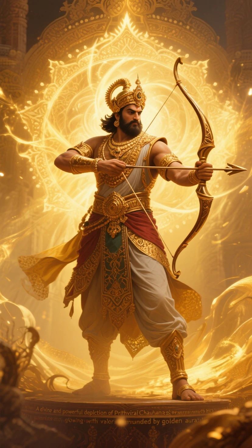 Karna, the Invincible Warrior: Karna, the legendary warrior from the Mahabharata, depicted in radiant golden armor granted by the Sun God. He stands tall with his divine bow, Vijay, surrounded by a halo of sunlight, preparing for battle on the Kurukshetra battlefield... Ultra HD high resolution 4K