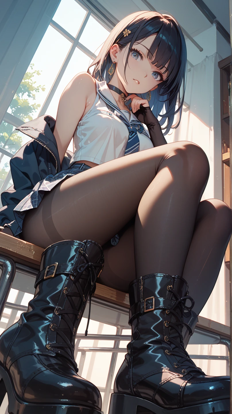 ((Highest quality)), ((masterpiece)), (detailed), nsfw, 1girl, 独奏, bob cut, sliced bob, jacket, denim skirt, pantyhose, panties, panties under pantyhose, choker, bracelet, squatting, rain, (wet), see through, expressionless, from below, ass pov