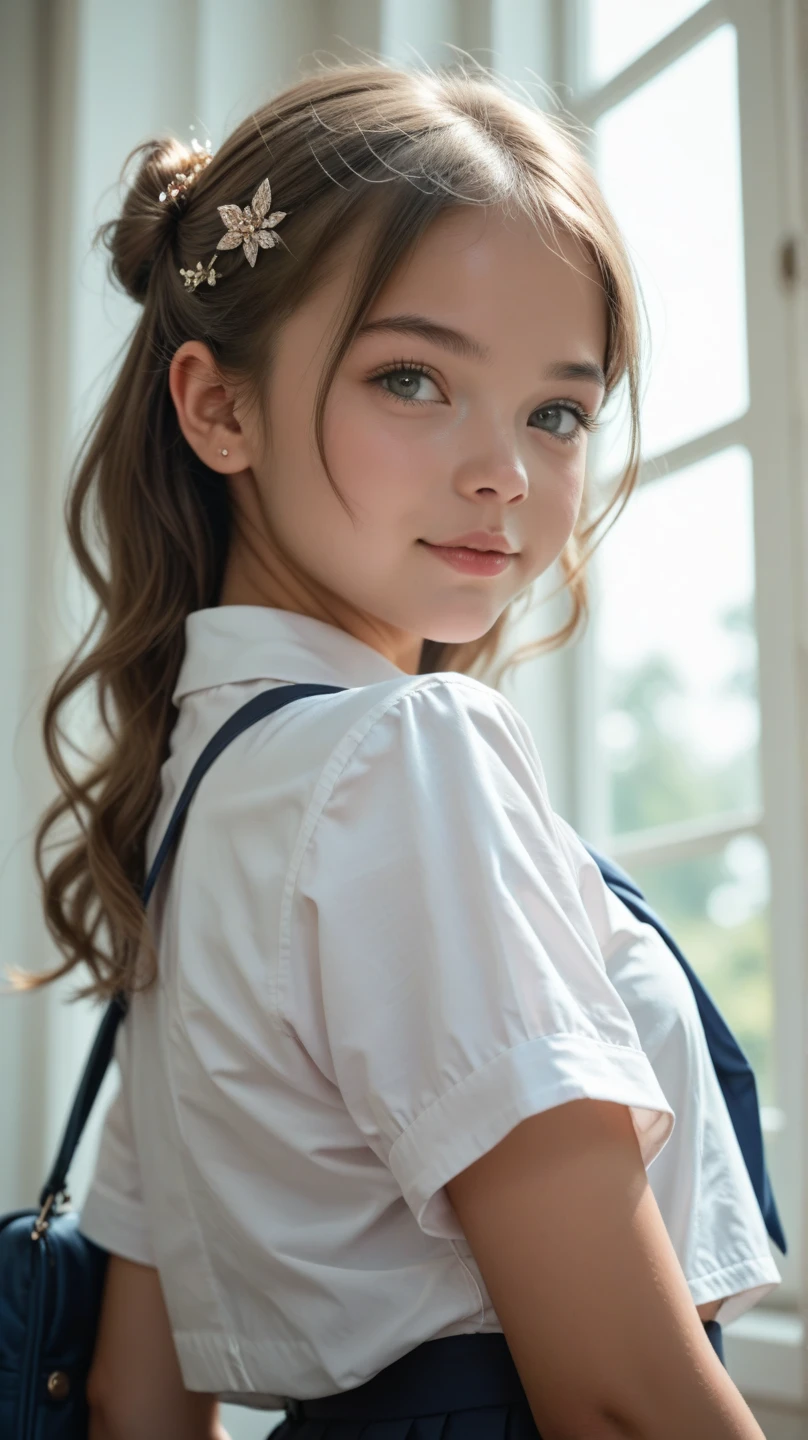 beautiful sexy little Russian school girl, thin, long brown hair, with a ponytail, blue eyes, big red lips, dressing like a whore, harrased and groped on the bed by an older man