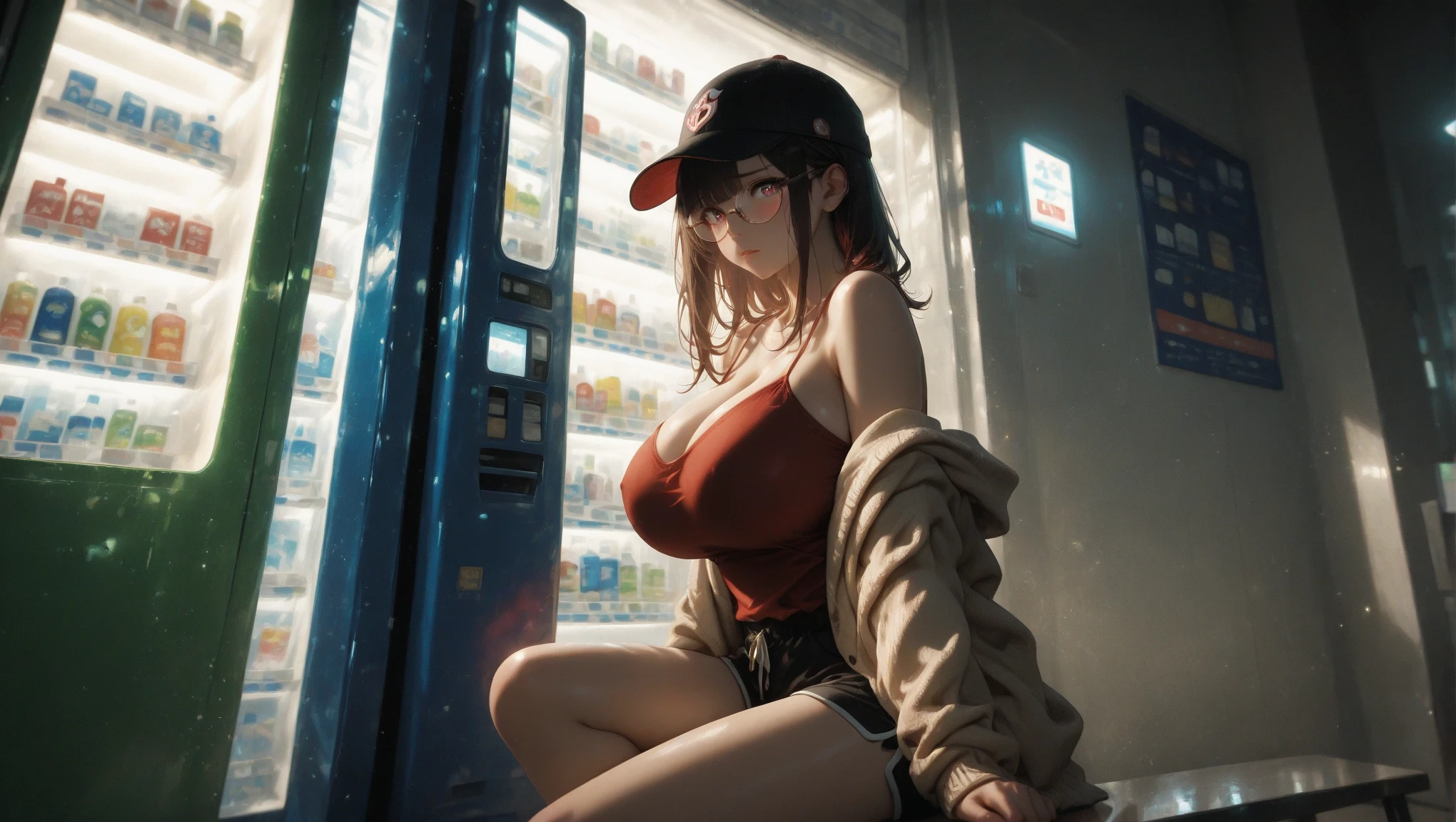 1 woman，35 yo，Plum，very big breasts， single，（background with：pond，Sakura Forest，lotus）sleep underwater， She has short pink hair.，stand on your feet，เห็นได้จากfront，， The sky is mostly cloudy.，（（（Masterpiece），（วอลล์เปเปอร์ CG unity 8K ที่มีรายVery detailed），best quality，Cinematic lighting，Detailed background，Beautifully detailed eyes，bright student，black eyes，snow white，Red lipstick（Very good and beautiful），（Beautiful and detailed description of eyes），Very detailed，Masterpiece，））Facing the camera，High resolution，Very detailed），revealing breasts，Bare penis，  Embossed，legs open，Increase sexiness，camel toe，Bloodshot skin，desire to be dissatisfied，front，（Tiring：baseball cap，red baseball jacket，sexy denim shorts）