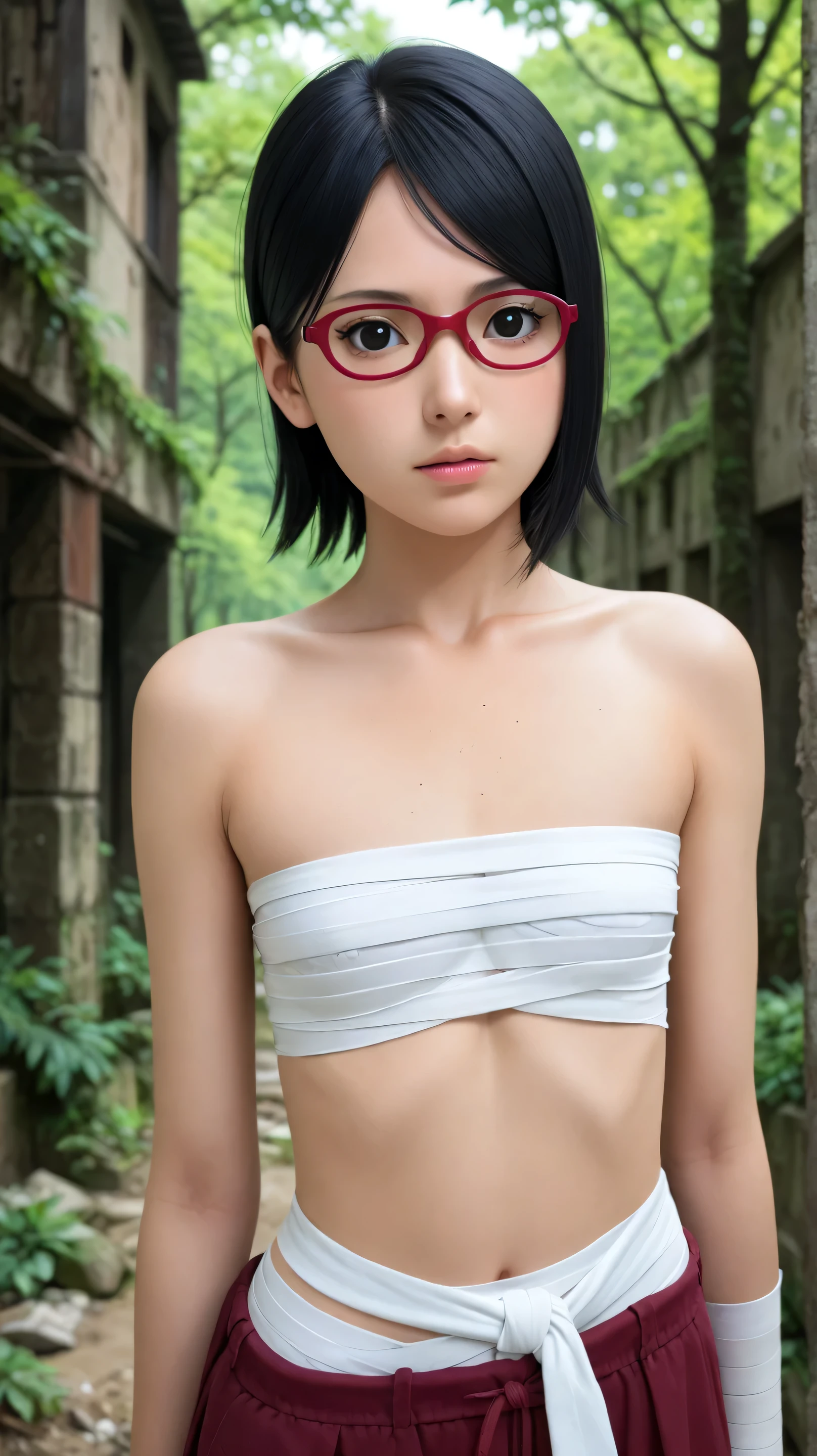 1girl, solo,sarada uchiha,black eyes,black hair,short hair,outdoors,potrait,ruins,flat chest,,wearing glasses,(bandaged chest:1.4),forest