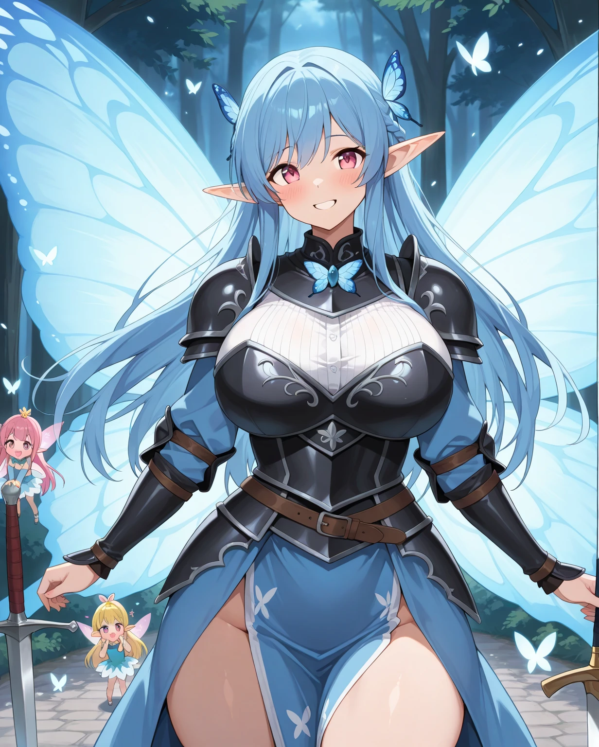 (tanned elf girl:1.2), (blue armor knight), (collar) (belts), (huge tits)
