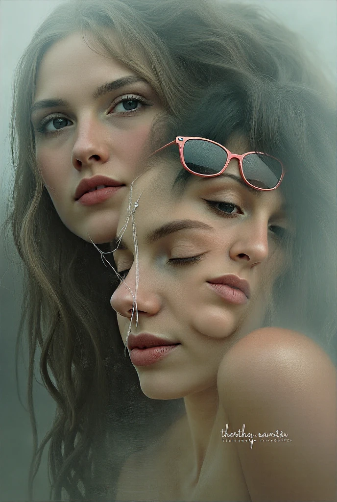there are two women that are looking at each other, multiexposure, by Anna Füssli, double exposure portrait, multiple exposure, by Thomas Bock, by Jan Rustem, petra collins and mc. escher, inspired by Anna Füssli, by Adam Marczyński, by Matija Jama, double exposure photography, by david rubín
