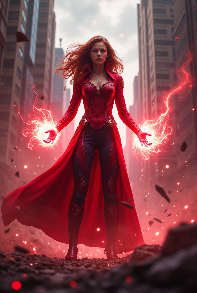 Scarlet Witch, portrayed by Elizabeth Olsen, stands in the center of a swirling vortex of magical energy. Her long, flowing red hair is lifted by an unseen wind, and her eyes glow with a fierce, crimson light, reflecting her immense power. She is clad in her iconic red leather jacket and a matching corset, with her fingers splayed as she channels her Chaos Magic. Scarlet energy tendrils crackle and twist around her hands, illuminating her with an eerie, otherworldly glow.
Wanda's expression is intense and focused, her face framed by the strands of her wild hair. The environment around her is distorted, as if reality itself is bending to her will, with fragments of buildings and objects floating in the air, caught in the gravitational pull of her power. The sky above is dark and stormy, with flashes of red lightning that mirror the energy she commands.
In the background, remnants of a once-peaceful scene are now twisted and chaotic, showing the raw power she wields. The scene captures Scarlet Witch at the height of her abilities, a figure of both beauty and terrifying power, as she stands poised to reshape reality itself with her Chaos Magic.