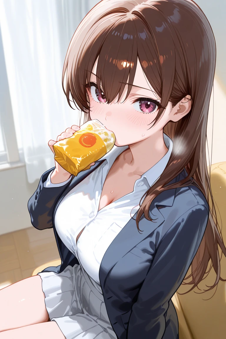 detailed illustration, dynamic angle, ultra-detailed, illustration, 1girl, 18 year old, school girl, wavy brown hair, long hair, bright brown eyes, cleavage, medium breasts, chicken costume, model trains, 1 small bowl of chowder, narrowed eyes, sexy smile