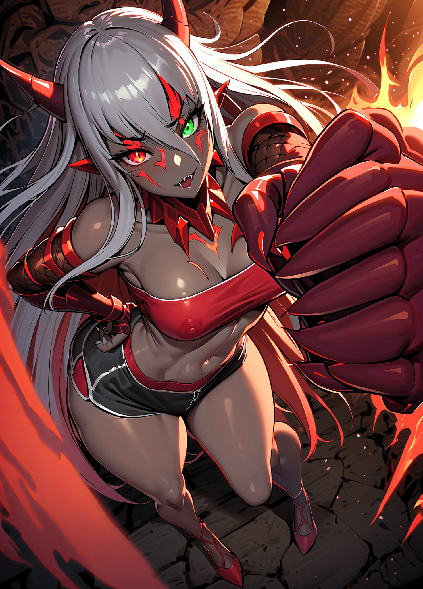 1 girl,White skin,dark风,Wear leg rings,long white hair,Black eyeshadow,Red Eyes,control,dark,sickle,Goddess of Death,Succubus,Smile,Sticking out tongue,(((Bodybuilder:1.5)))(((Beauty)))